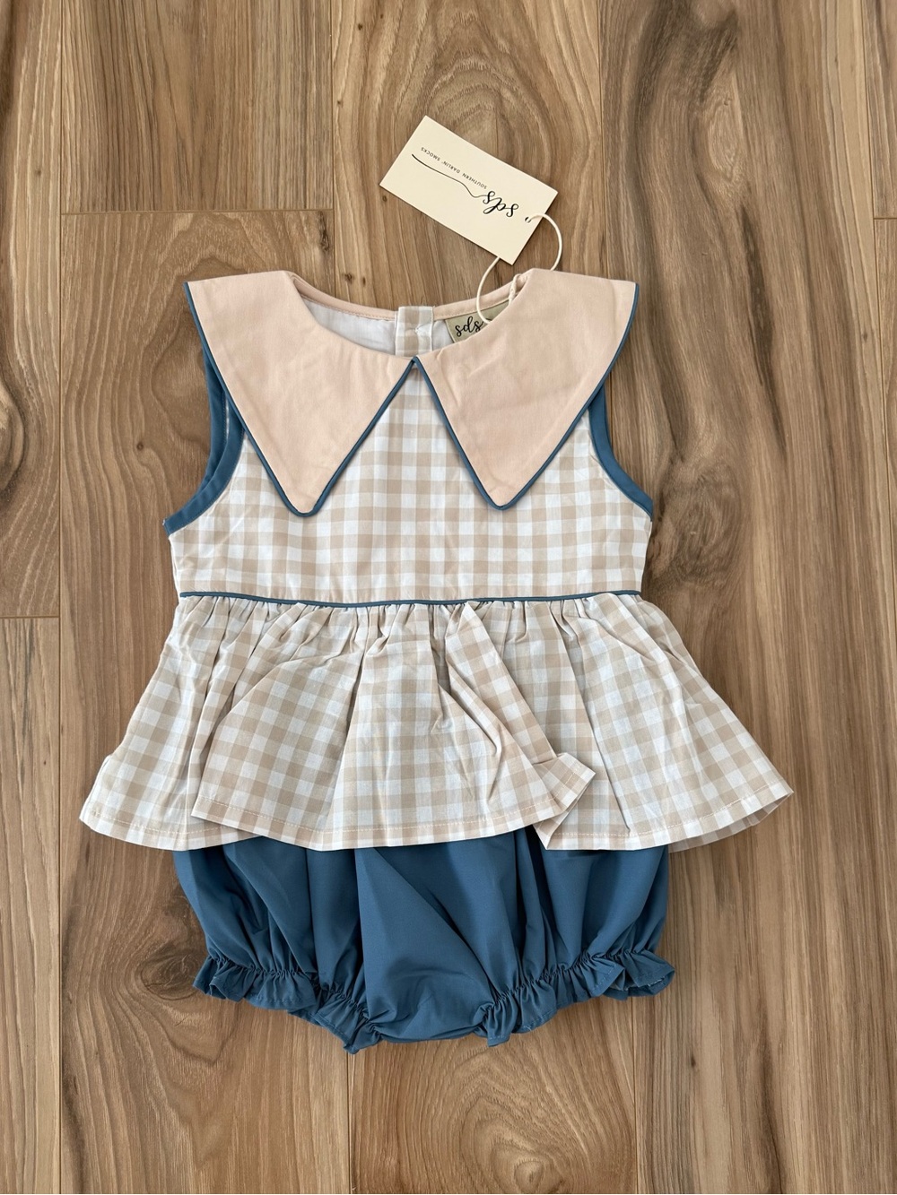 Beige Gingham One-Piece with Blue Trim for Kids
